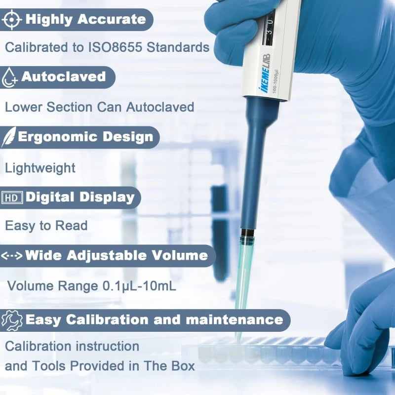 Digital Adjustable Micropipette (0.1 µL–10 mL) – Single-Channel Manual Pipette with Plastic Tips for Laboratory Liquid Handling